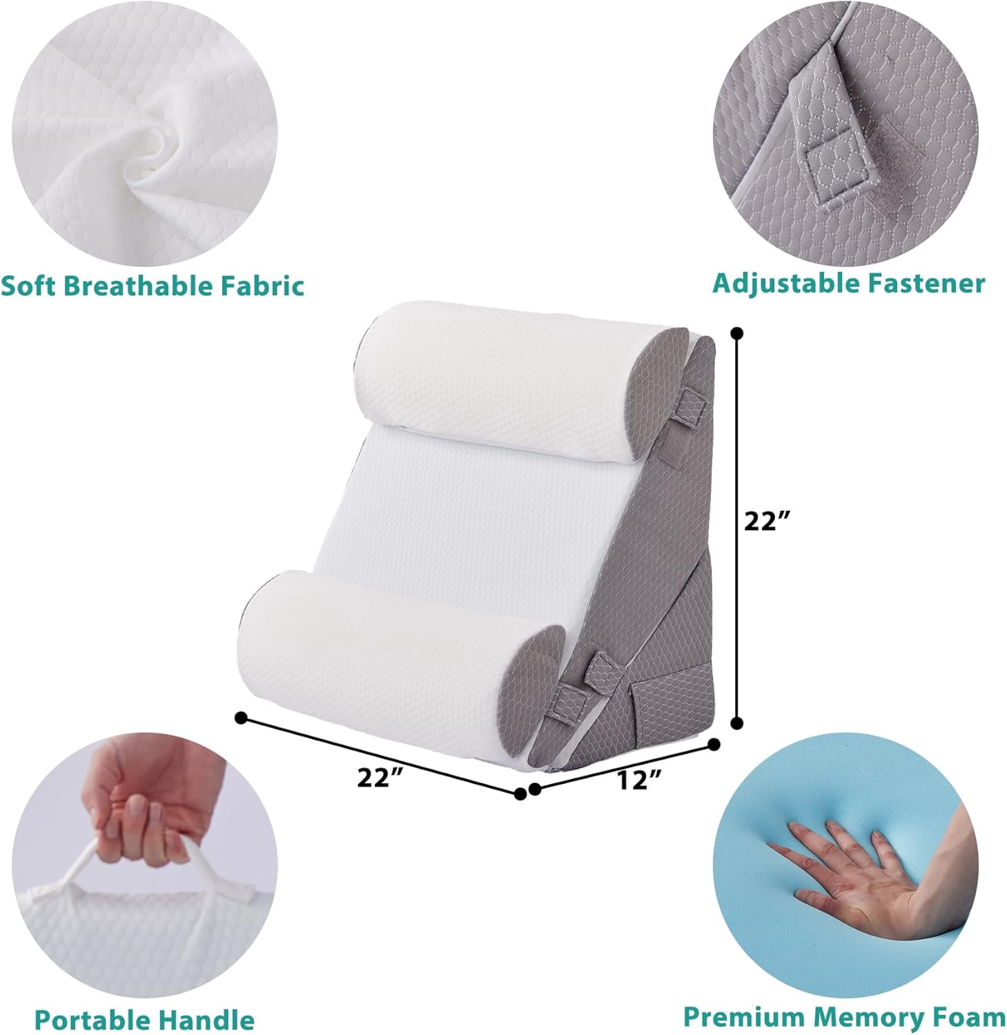 Adjustable 4-Piece Memory Foam Bed Wedge Pillow Set for Back, Neck, Leg Pain Relief, Sleeping, Sitting Up, Acid Reflux and GERD, White and Grey