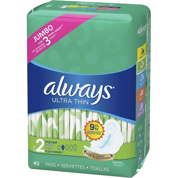 Always Ultra Thin Feminine Pads with Wings for Women, Super Absorbency, Unscented, Size 2 (126 Count)