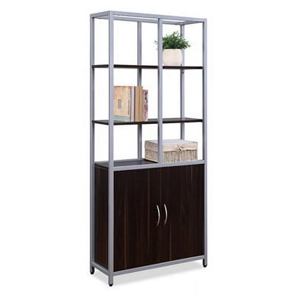 Compass 72"H FiveShelf Bookcase with Doors Dark Walnut Laminate/ Silver Metal Frame