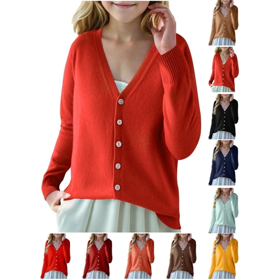 Cardigan Sweater Girls Solid‑Color V‑Neck Knit Cardigan, Long Sleeve Button Front Sweater with Side Pockets Orange M