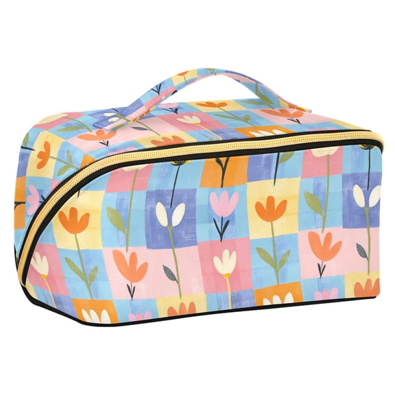 FORMRS Makeup Bag Travel Cosmetic Organizer for Women Fold Flat Zipper Pouch with Handle, Blue Flowers