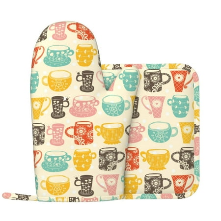 

Oven Mitts and Pot Holders Sets Vintage Cup Non-Slip Silicone Oven Gloves Potholders Cotton Lining Heat Resistant Gloves Hot Pads for Kitchen Cooking Baking