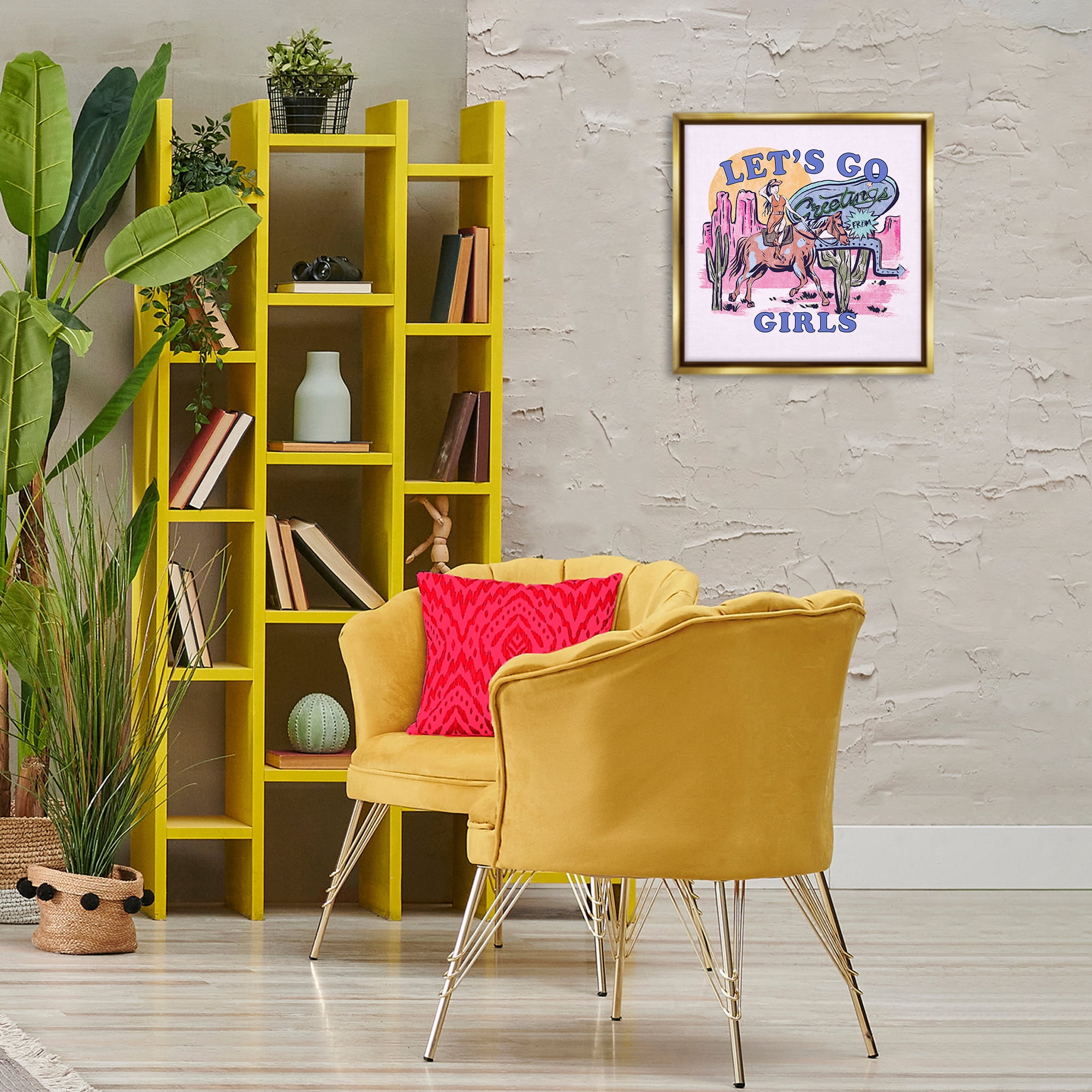 Stupell Industries Western Let's Go Girls Entertainment Painting Gold Floater Framed Canvas Art Print Wall Art, 18 x 18