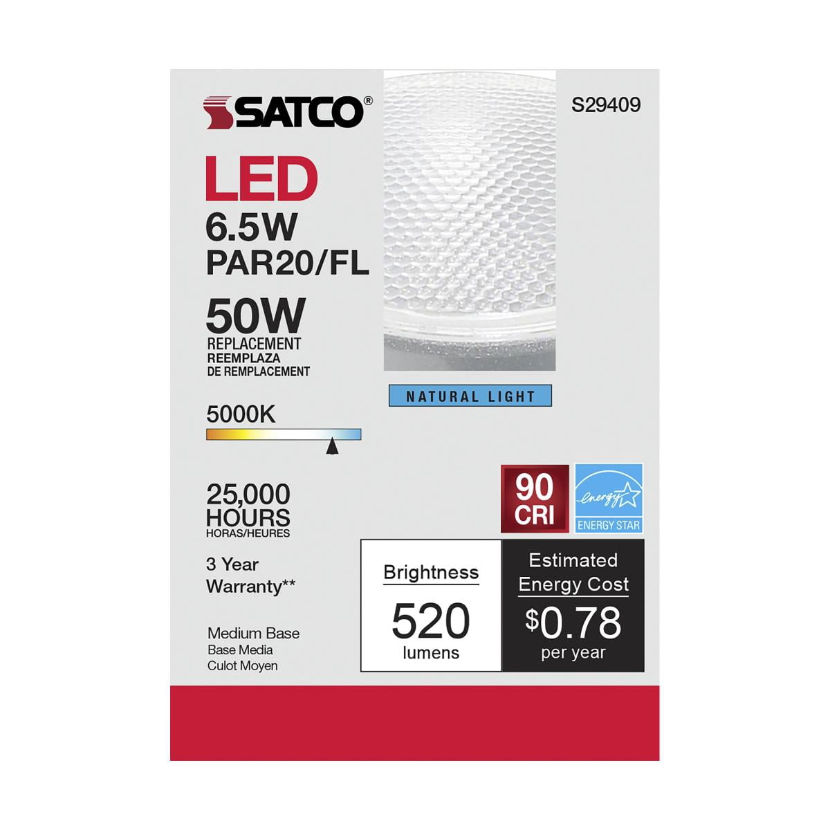 SATCO S29409 PAR20 E26 Medium Base LED Bulb 6.5W 120V 5000K (6 Pack)