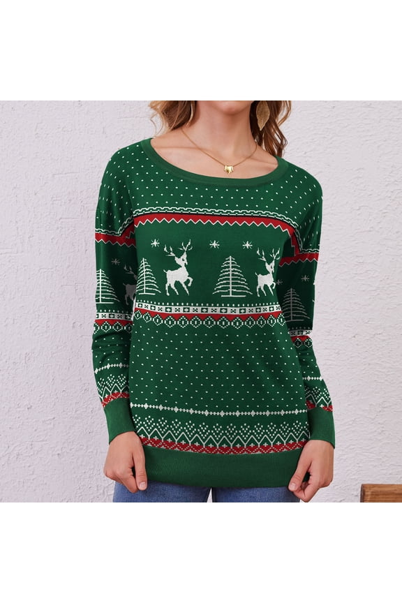 Women's Long Sleeve Crew Neck Knitted Christmas Pullover Sweater,F Green White,L
