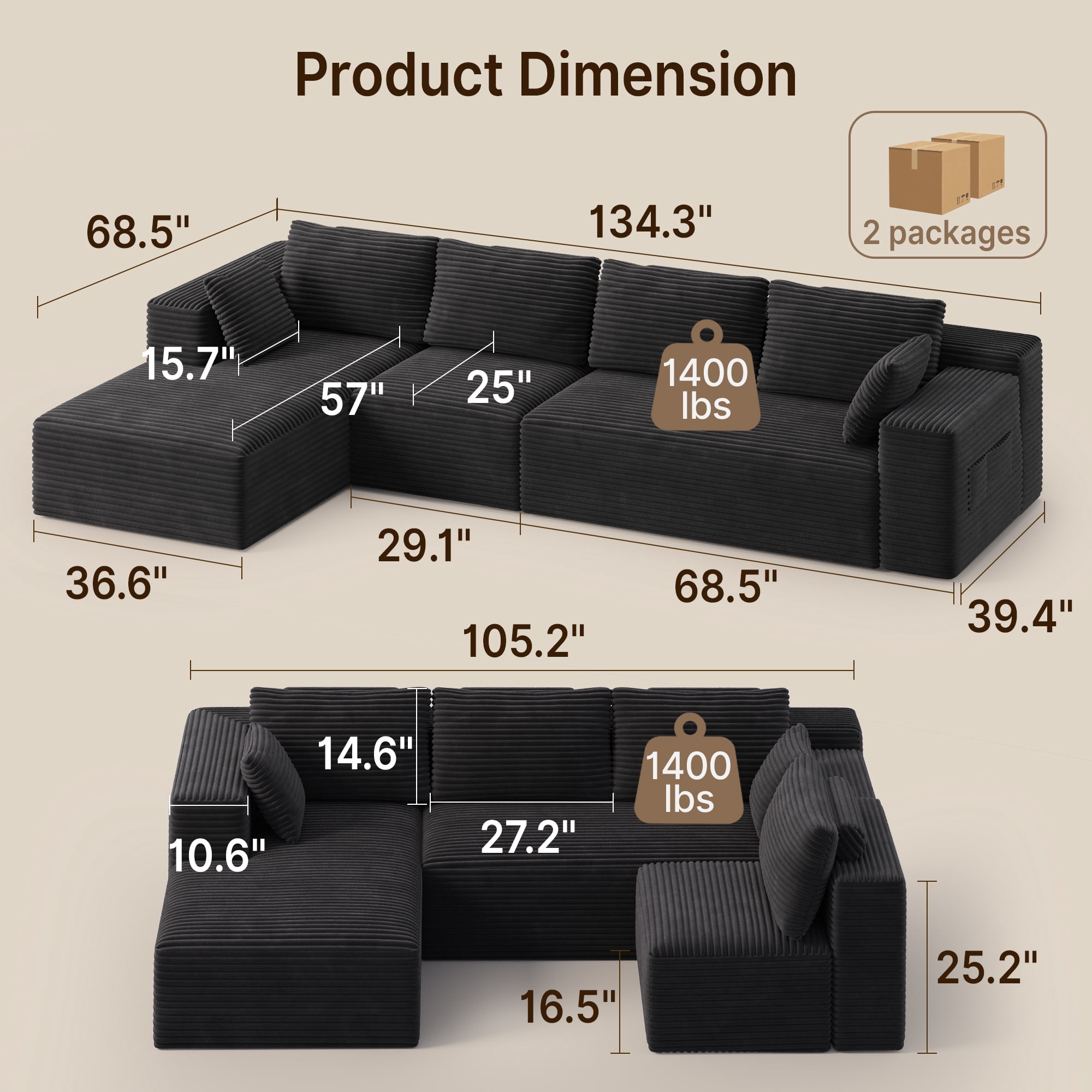 135" L-Shaped Cloud Modular Sectional Sofa, Corduroy Upholstery, Deep Seat Memory Foam Cushion, Black