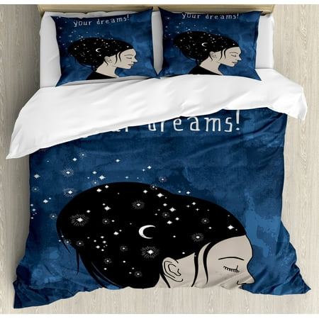 Motivational Queen Size Duvet Cover Set, Portrait of Woman with Dark Hair and Moon Stars Dream Believer Quote Feminine Art, Decorative 3 Piece Bedding Set with 2 Pillow Shams, Blue, by (Best Way To Dread Your Hair)