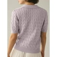 thumbnail image 3 of Short Sleeved Women Solid Color Lapel V Neck Casual Knit Cable Pullver Sweater, 3 of 4
