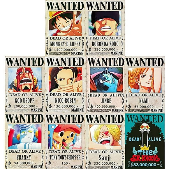 10 Piece One Piece Pirate Wanted Poster, 1.5 Billion New Version 28.5 cm x 21 cm, Straw Hat Pirate Crew Luffy Chopper Zoro Nami Usopp Sanji Jinbe Franky Brook Robin Christmas