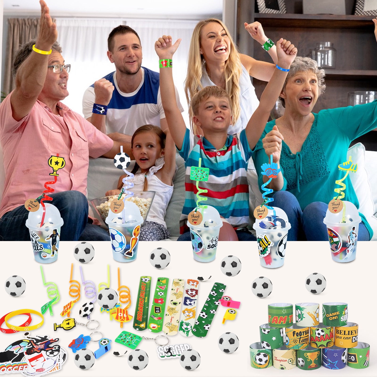 170PCS Soccer Party Favors for Kids, Birthday Party Supplies, Goodie Bags Set with Cups, Straws, Bracelets, Stickers, Mini Balls, Soccer Gifts for Boys