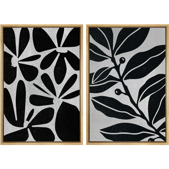 IDEA4WALL Framed Canvas Print Wall Art Set Black Wildflowers Illustration Fine Art Decorative Bohemian Minimalist Floral Botanical Artwork for Living Room, Bedroom, Office - Natural 24"x36"x2