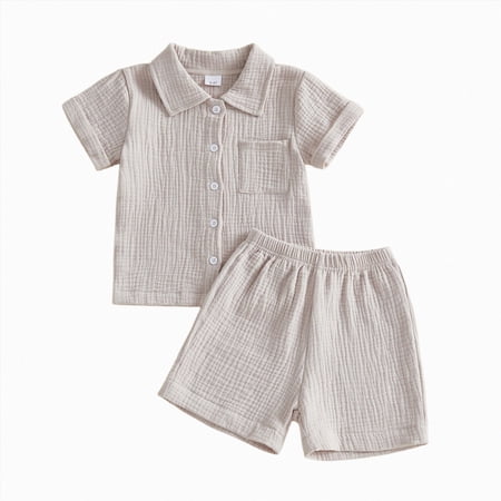 Nwiuh Baby Boys Clothes Set Toddler Boys Button-down Tops + Cotton Gauze Shorts Summer Outfit 2PCS with Pockets Light Gray for Size 2-3 Years
