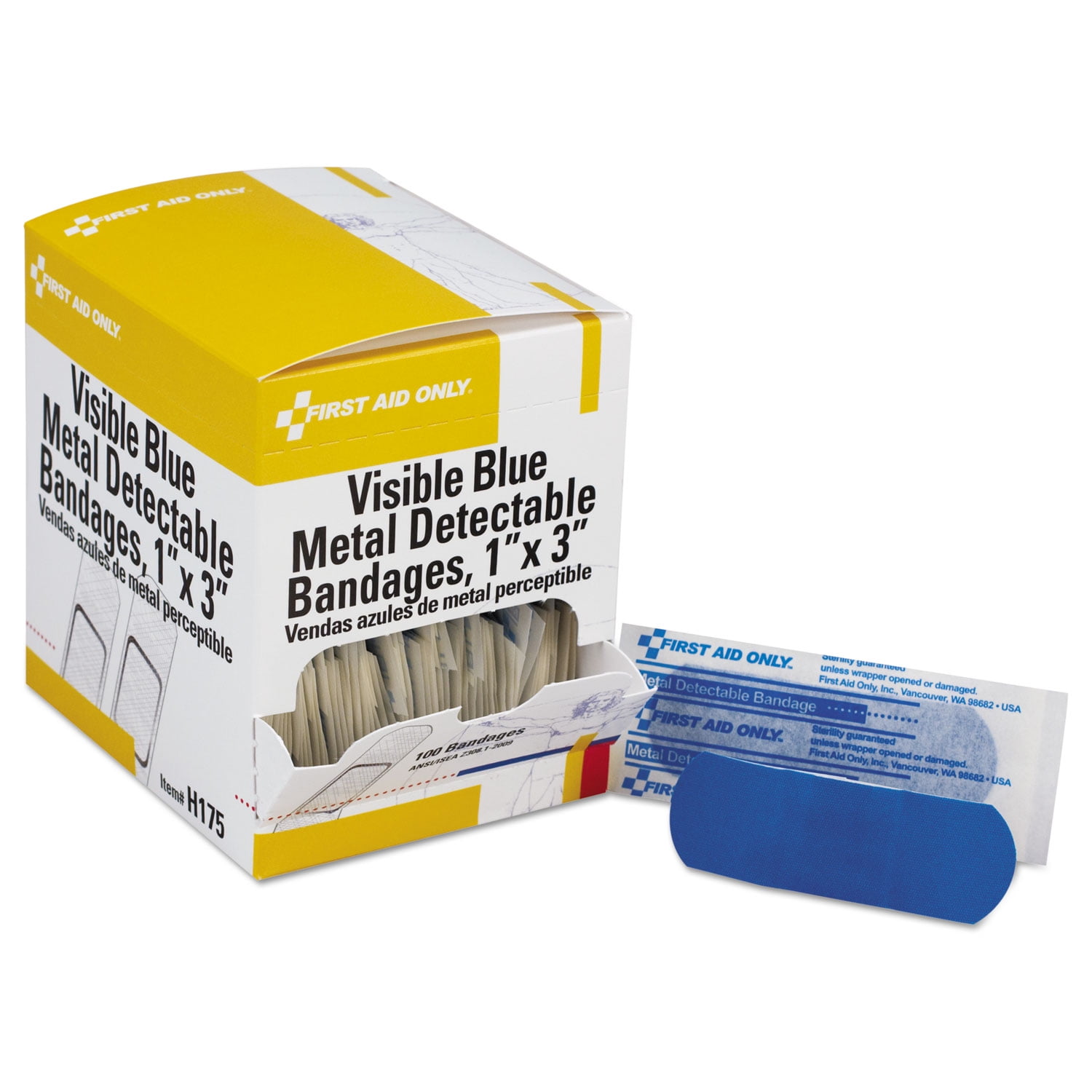 Adhesive Blue Metal Detectable Bandages, 1 x 3, Plastic w/Foil, 100/Bx