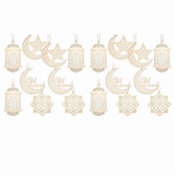 18Pc Wooden Pendant Ornament Ramadan Hollow Decoration Moon Star Wind Light Shape Pendant Ornament Eid Decorations,18 x Eid Ramadan mubarak decorations,Wood Color