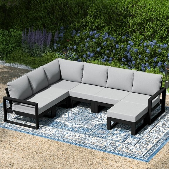 WestinTrends Montara 7-Piece Outdoor Modular L-Shaped Corner Patio Sectional Sofa Set, Black/Light Gray