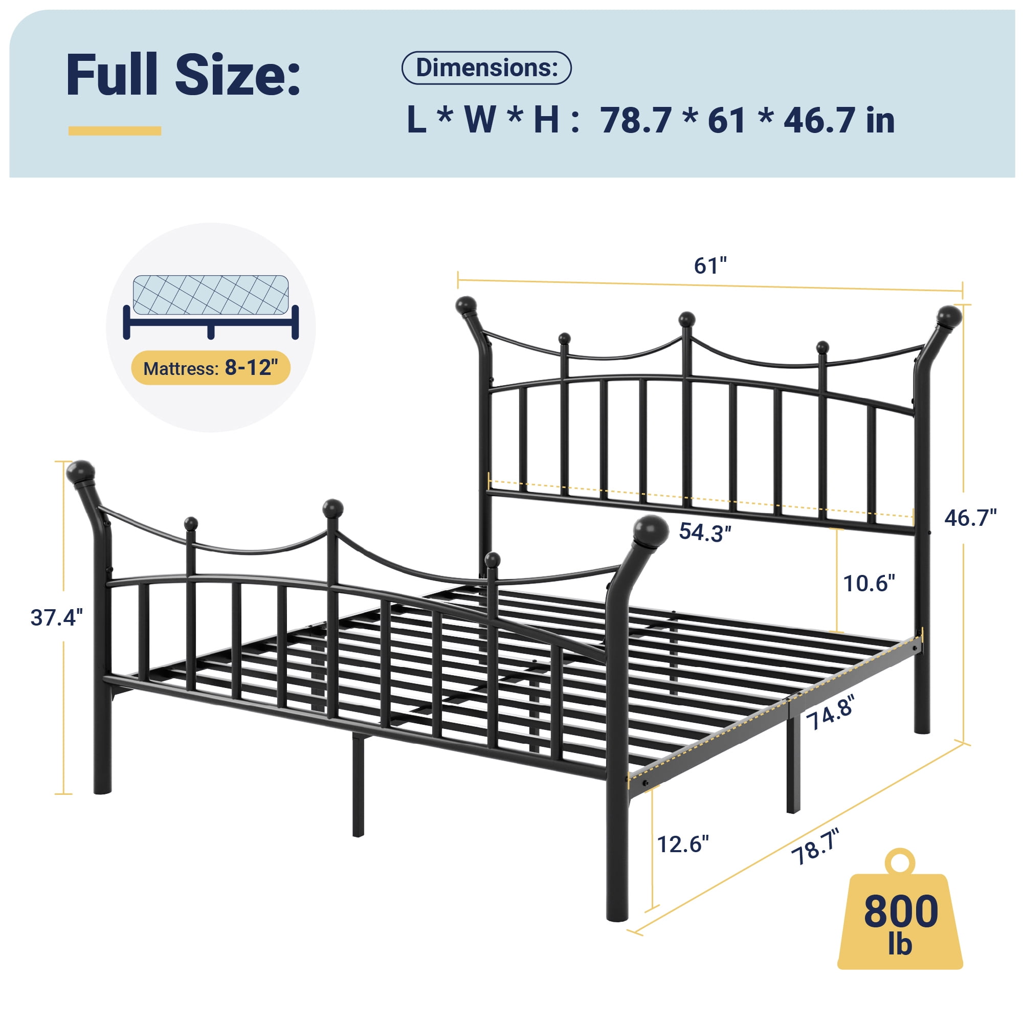 Allewie 14 Inches Full Size Metal Platform Bed Frame with Elegant Crown Headboard & Footboard, Sturdy Mattress Foundation with Under-Bed Storage, Easy Assembly, No Box Spring Needed, Black