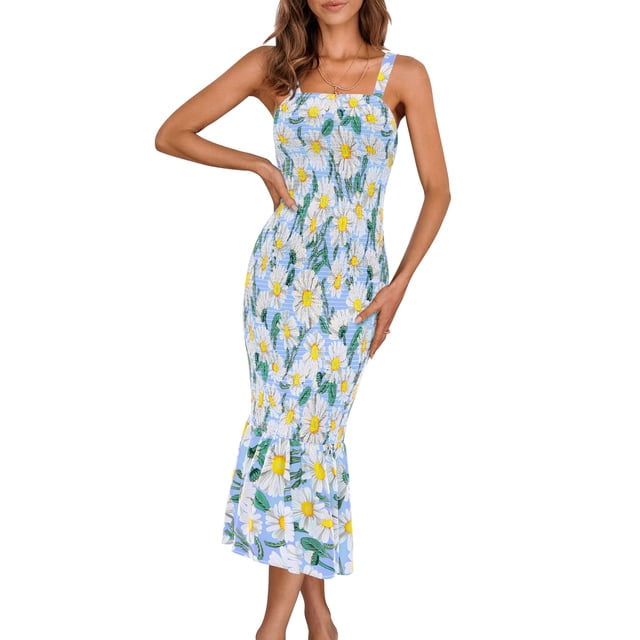 Vestido PRETTYGARDEN Azul Floral Midi Sin Mangas con Volantes Talla M