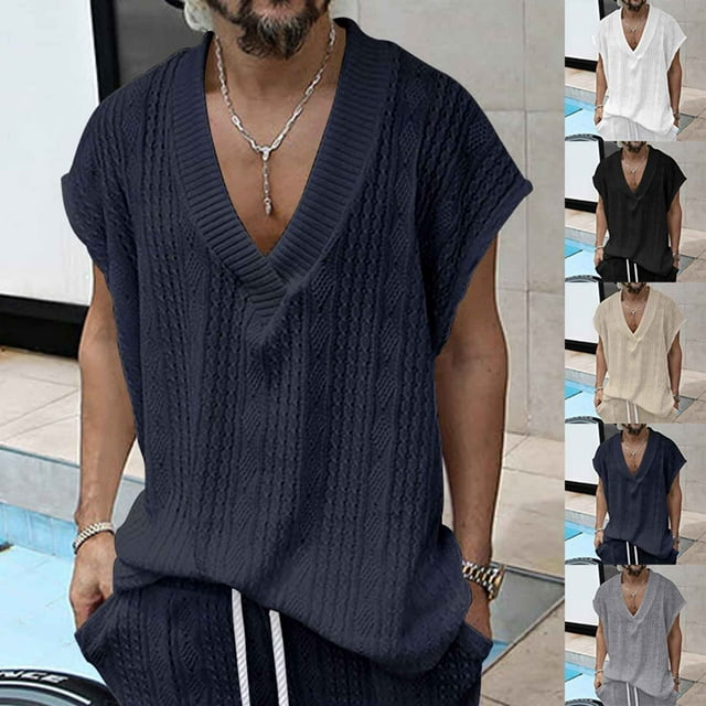 Yuyuzo Gilets en Tricot pour Hommes, Débardeurs à Manches Cap, Chandail à Col en V, Haut en Maille, Tricot Ample