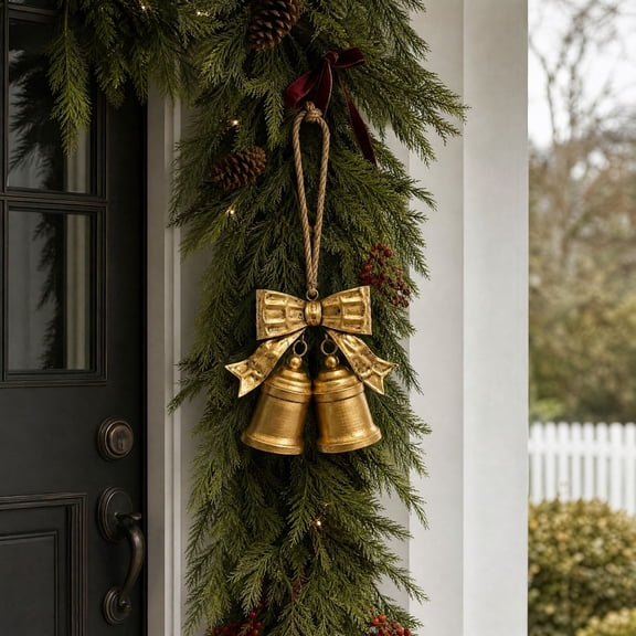 Inerposs Christmas Metal Bells Ornament, Bow Shaped Bells for Home Decor, Door and Fireplace Hanging Decoration-23cm/9.06''L