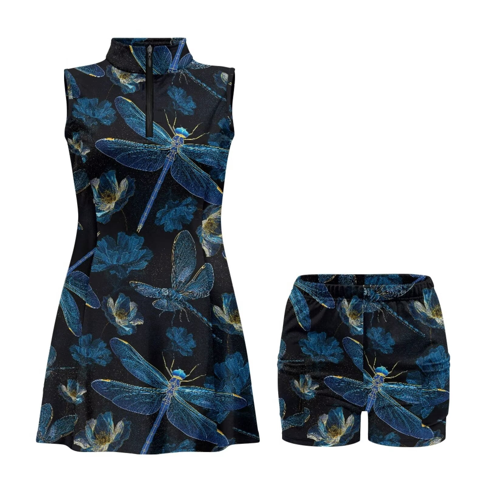 Yuyamidu Blue Dragonfly Womens Golf Dresses with Inner Shorts Tennis Dress for Women Sleeveless Moisture Wicking Workout Dress Size 2XL Elegant 2 Piece Sports Wear