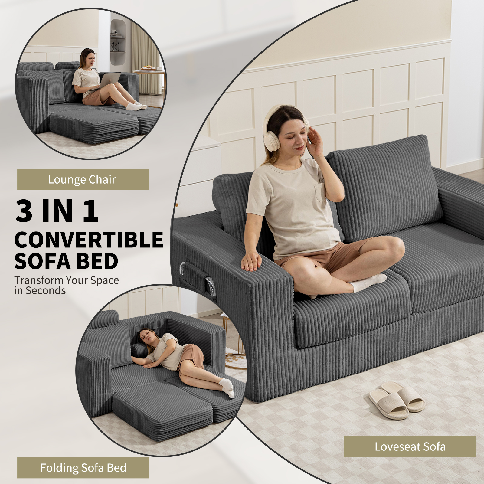 69 Inches Convertible Sofa Bed Boneless 2 Seats Loveseat Sleeper Sofa 2 Seater Small Couch 3-in-1 Folding Sofa Floor Sofa with Deep Seat No Assemble Required Grey