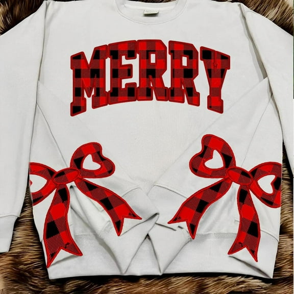 Side Bow Sweatshirt, Merry and Bright Embroidered Bow Sweatshirt, Side Bow, Unisex Sweatshirt LINHKHA