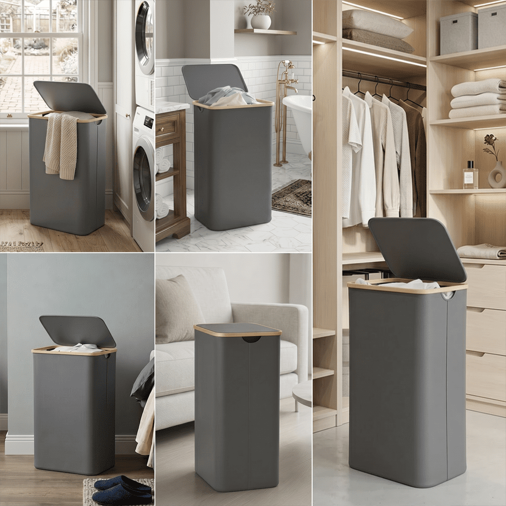 PLUMEBAY 110L Laundry Hamper with Lid, Large Foldable Clothes Basket with Bamboo Handles, Tall Fabric Hamper for Bedroom, Bathroom, Dorm, Grey
