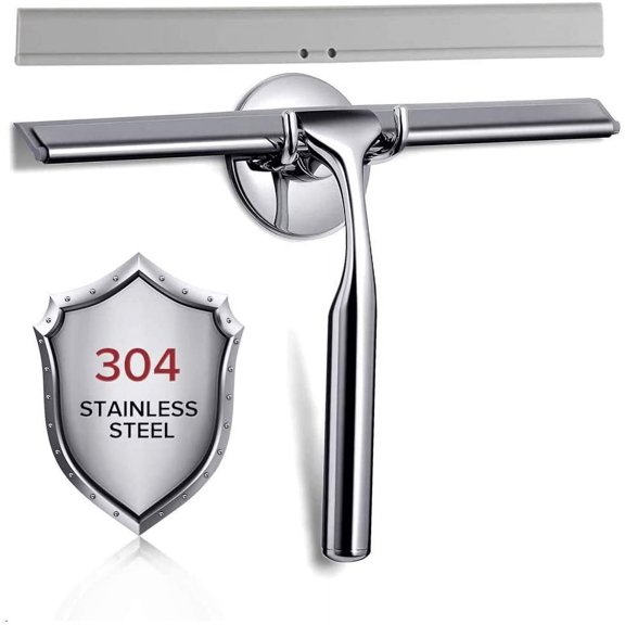 YouYeap Shower Squeegee Clear Glass Wall Cleaner Stainless Steel with Suction Storage Hook -10'', Chrome