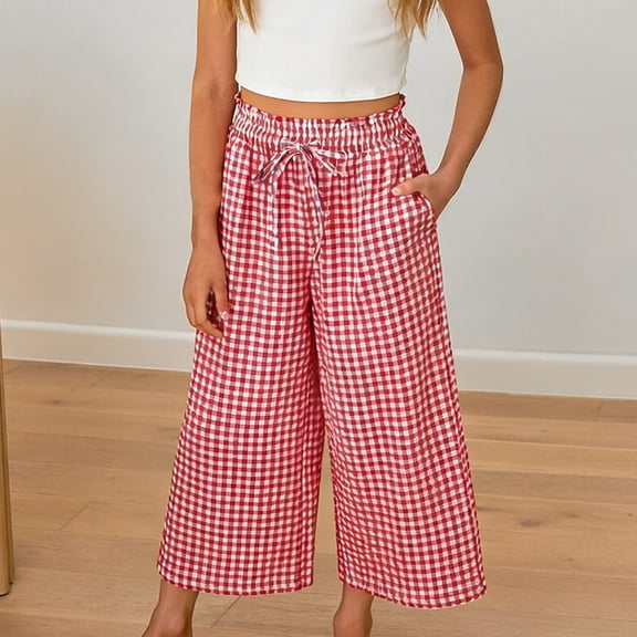 Plaid Wide Leg Cropped Pants for Kids Drawstring Elastic Waist Summer Casual Trousers for Girls Red 3Y