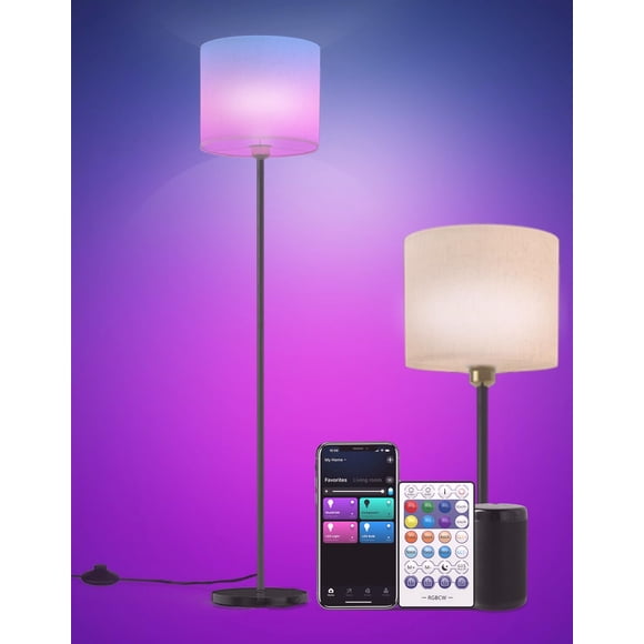 YHW Floor lamp for Living Room Works with Alexa & Google, White Linen Lamp Shade LED Bright Tall Standing Smart Floor Lamp with Remote for Bedroom Of