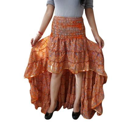 - Mogul Womens Gypsy Hi Low Skirt Recycled Sari Printed Free Falling Flirty Fairy Twirling Ruffle Skirts