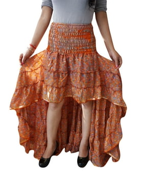 Mogul Womens Gypsy Hi Low Skirt Recycled Sari Printed Free Falling Flirty Fairy Twirling Ruffle Skirts