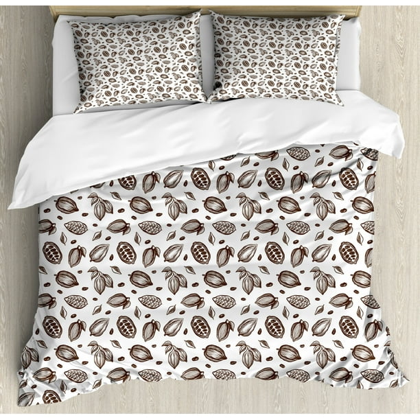 Cocoa Duvet Cover Set Queen Size, Sketch Style Cocoa Beans Plant