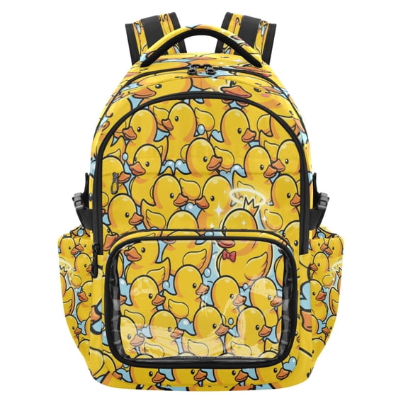 Qxltty Cute Yellow Duck Backpack School Bookbag with Clear PVC Front Pocket, Laptop Compartment, Water Resistant Travel Daypack for Students