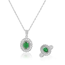 925 Sterling Silver Green Emerald-Tone CZ Filigree Pendant Necklace Ring Jewelry Set, 18"
