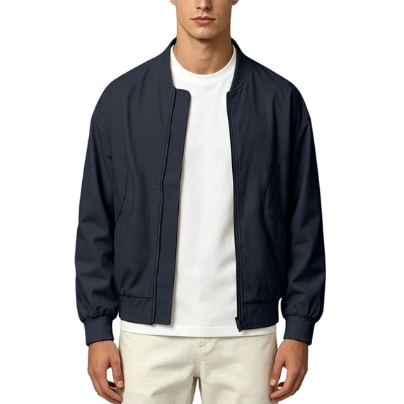 MXALUOB Men's Bomber Jacket Lightweight Full Zip Ribbed Baseball Collar Trendy Outerwear Solid Flight Windbreaker Casual Zip Jacket
