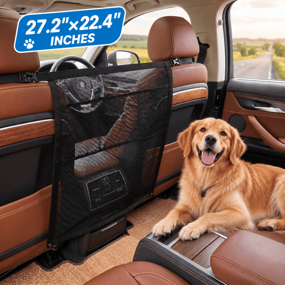 Dog Car Barrier with Mesh Storage Pocket, Pet Barrier for Car Backseat, for Cars, SUVs & Trucks