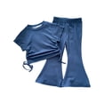 thumbnail image 3 of Childrens Outfits Elastic Short Sleeve Top Flared Pants Two Piece Girls Clothing,Blue,Size 5 -6 Years, 3 of 5