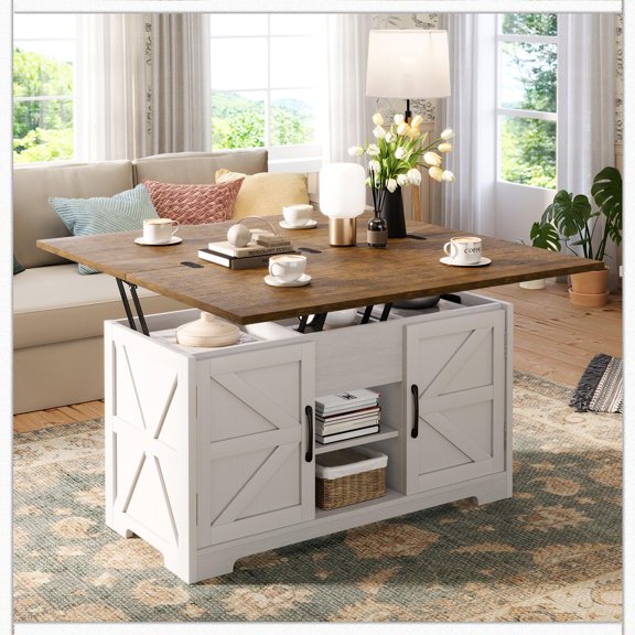 Vividwood Lift Top Coffee Table with Storage, 4 in 1 Multi-Function Convertible Tea Tables with Hidden Compartment, Farmhouse Center Table Converts to Dining Table for Living Room, Brown