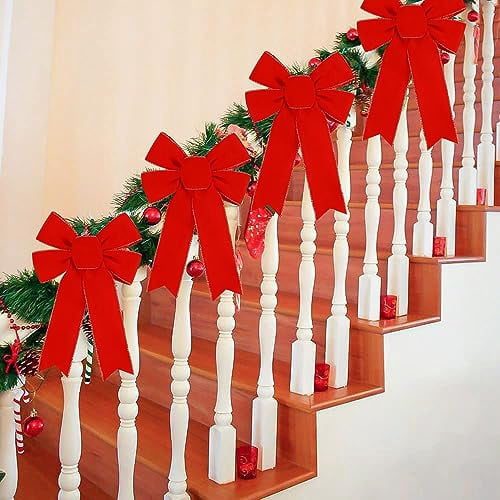 10-Pack Large Velvet Christmas Bows with Glitter Gold Edge for Tree Wreath Fireplace Stair Railing Indoor Outdoor Holiday Decorations