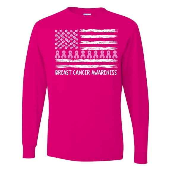 Inktastic Breast Cancer Awareness Pink Ribbons and Flag Long Sleeve T-Shirt