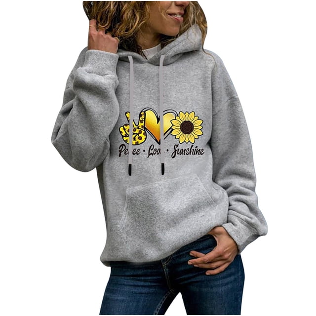Rbaofujie Chandails d'Automne pour Femmes Pull à Manches Longues Imprimé Col Rond Sweat à Capuche Gris Chandails à Capuchon pour Femmes