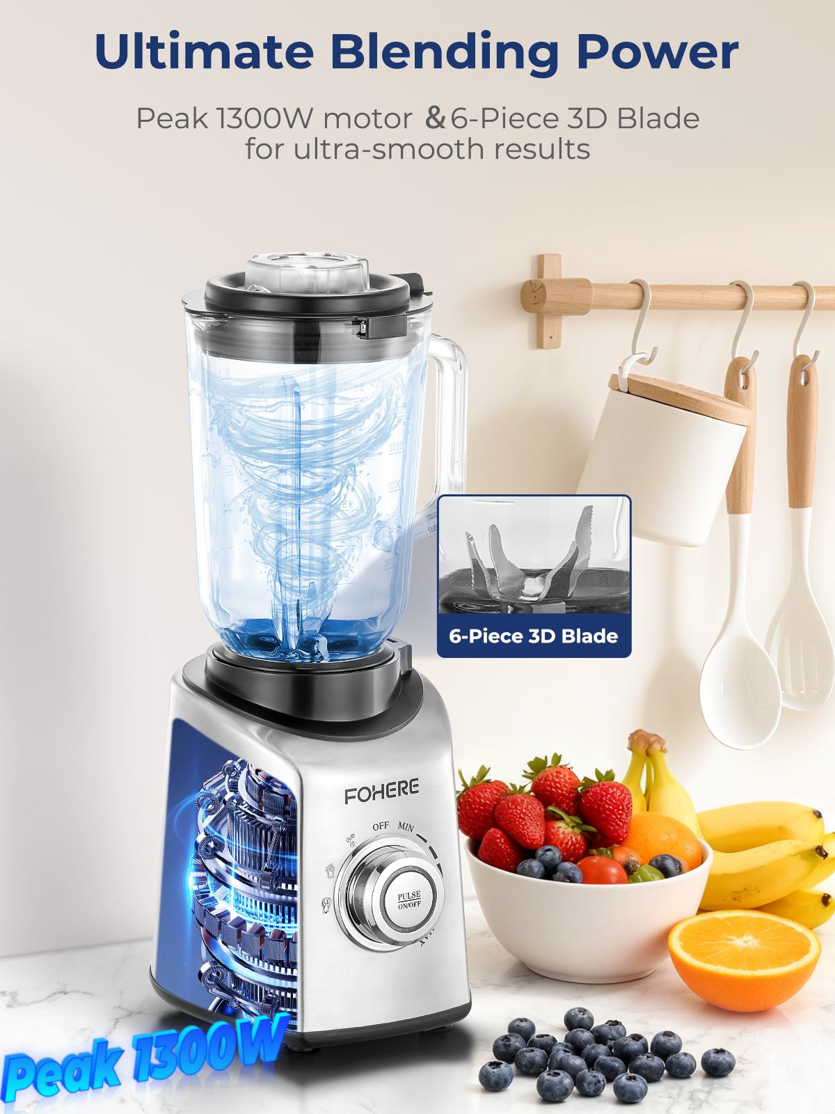 FOHERE Professional Countertop Blender, 50Oz Glass Jar, 1300W Peak Power, BPA-Free, Smoothie Maker with Presets & 5 Speeds, 20Oz Tritan to-go Cup, Ice Crusher for Home Use