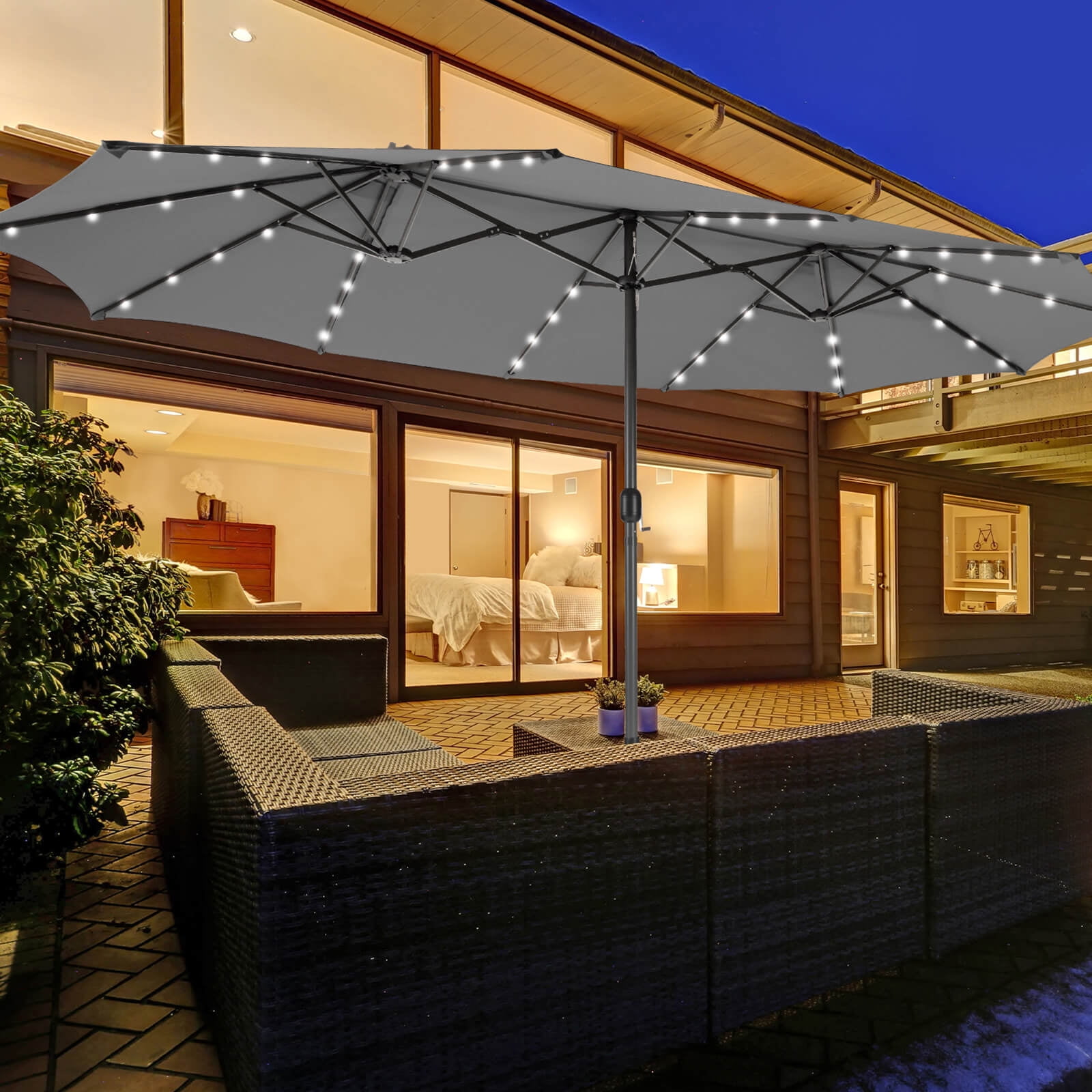 Costway 15 FT Twin Patio Double-Sided Umbrella 48 Solar LED Lights Crank Outdoor Gray