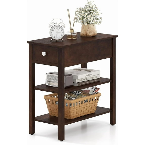 Narrow End Table, Farmhouse Side Tables with Drawer & Storage Shelves, Wood Sofa Side Tables, 3-Tier Nightstands for Small Space, Living Room, Bedroom, 23.5" L x 12" W x 24.5" H, Walnut
