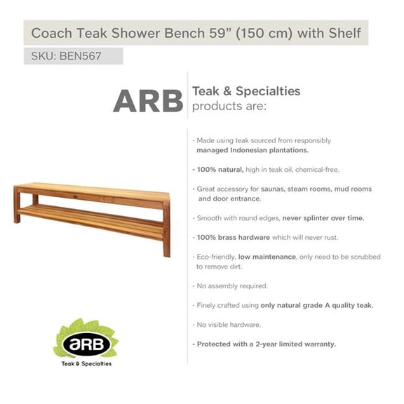 ARB TEAK & SPECIALTIES BEN567 Teak Shower Bench Coach 59' (150 cm) with shelf