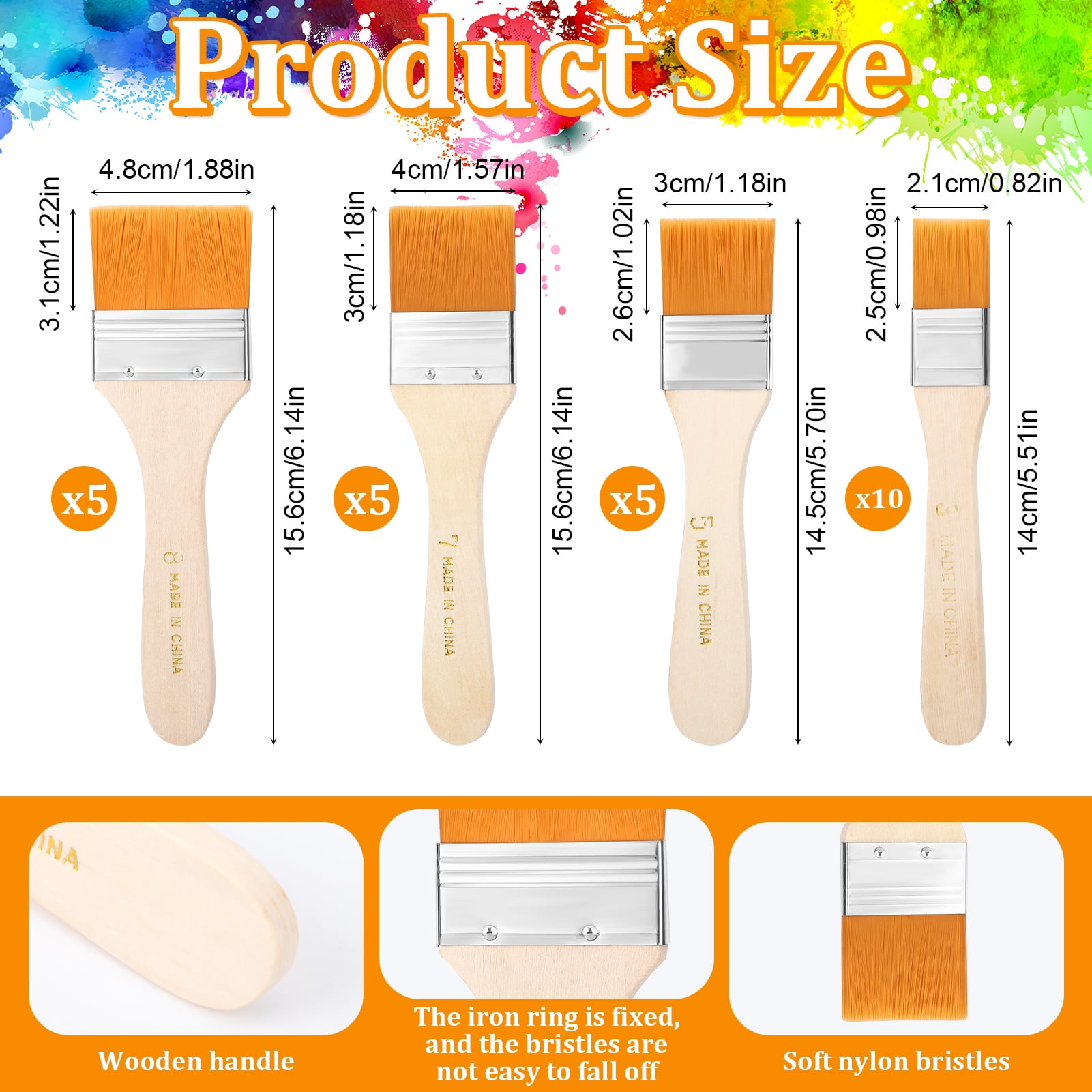 LUIISIS 25 Pcs Wide Flat Paint Brushes, 4 Different Sizes, Soft Nylon Paint Brush with Wood Handle, Tool for Pigment Painting, Grilling, Dust Removal, Wood Stain, Paint Brush, Varnish Brush