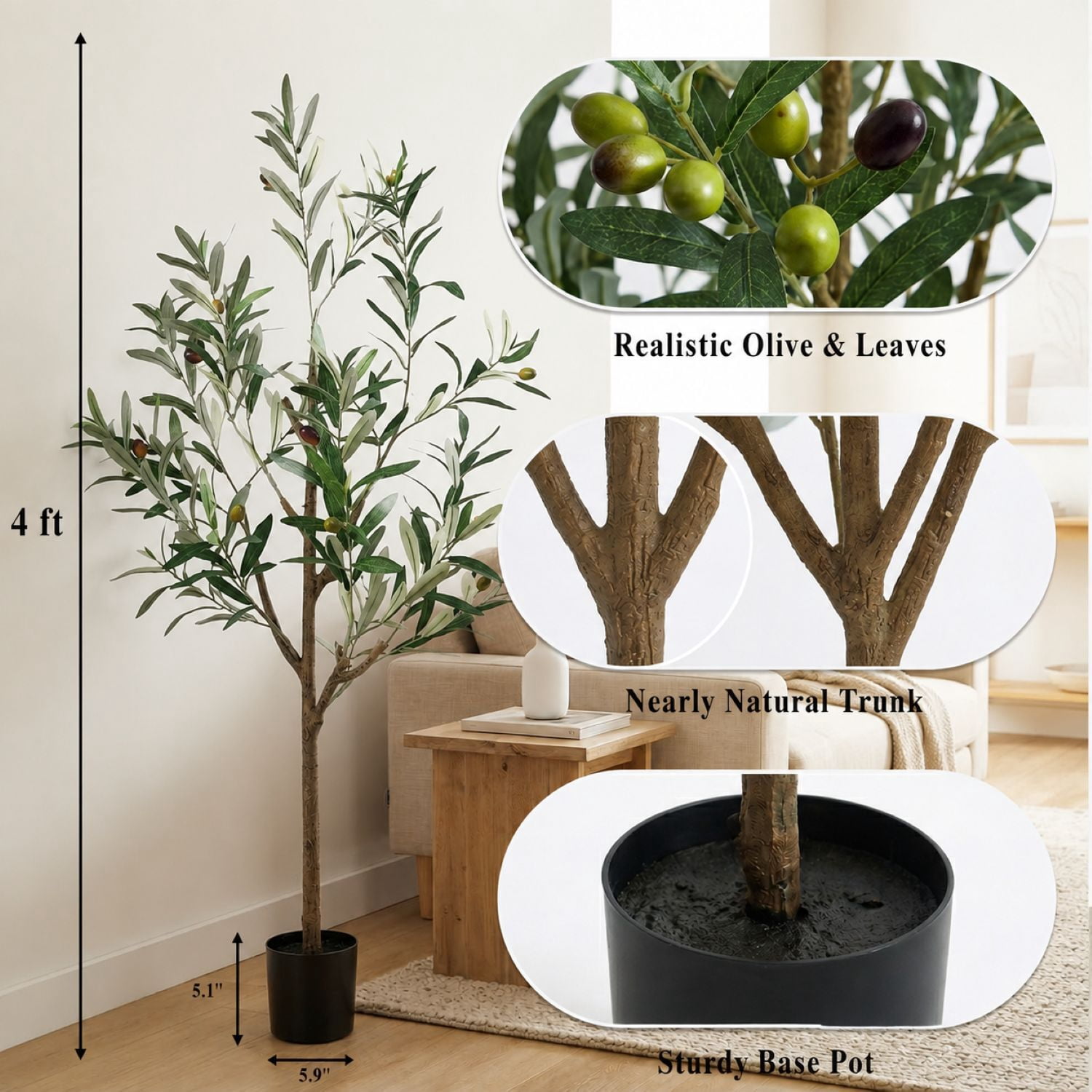 Easy4Home 4FT Artificial Olive Tree with Lifelike Fruits Fake Olive Plant Potted Indoor Faux Floor Plant for Home Office Decor