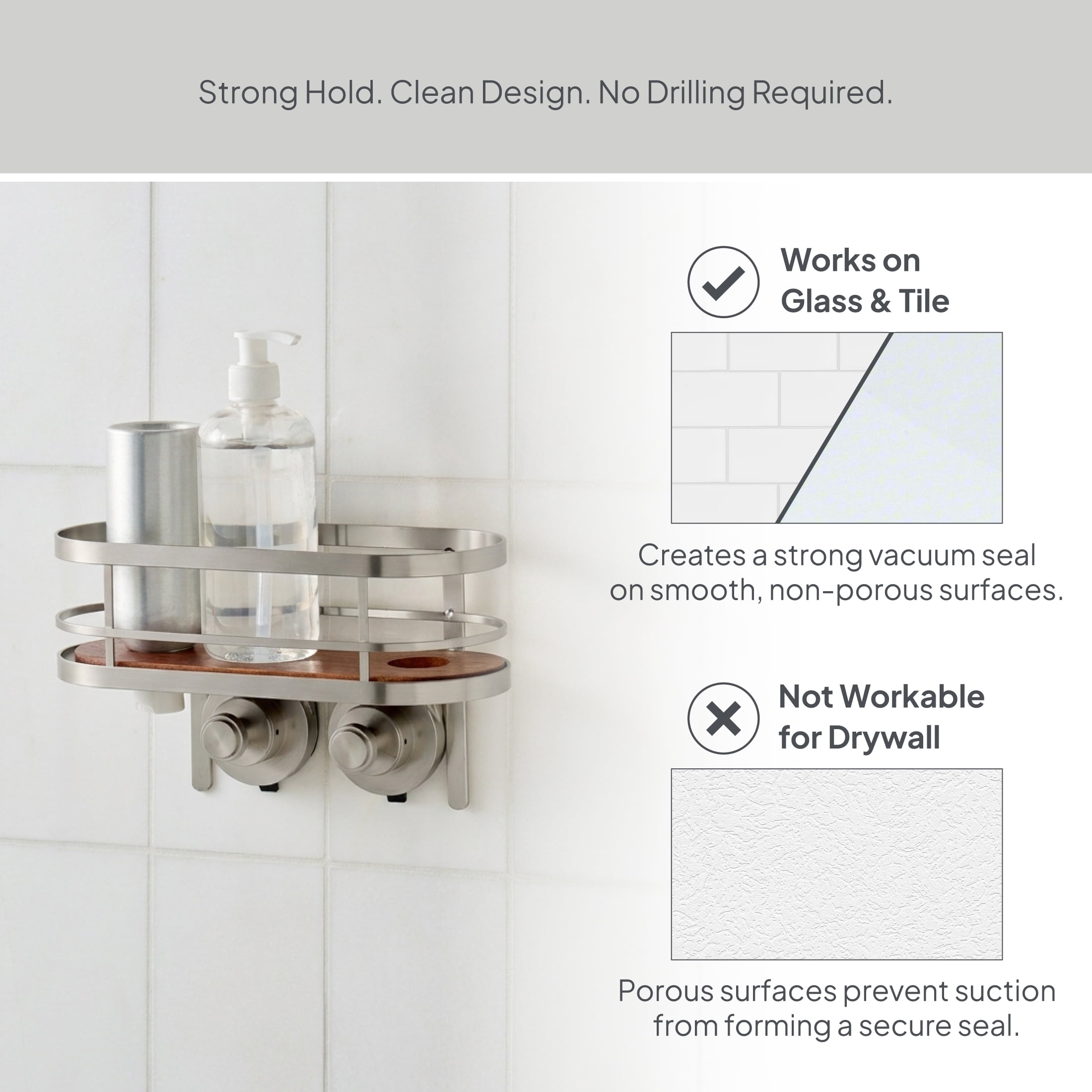 Better Homes & Gardens StyleGrip™ Suction Mount Shower Caddy with Acacia Wood Tray, Satin Nickel