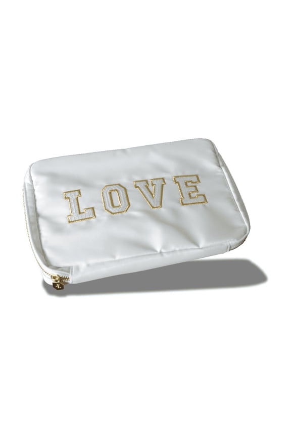 Women's Bryn Nylon Jewelry Accessory Travel Pouch with Embroidered Letters in White